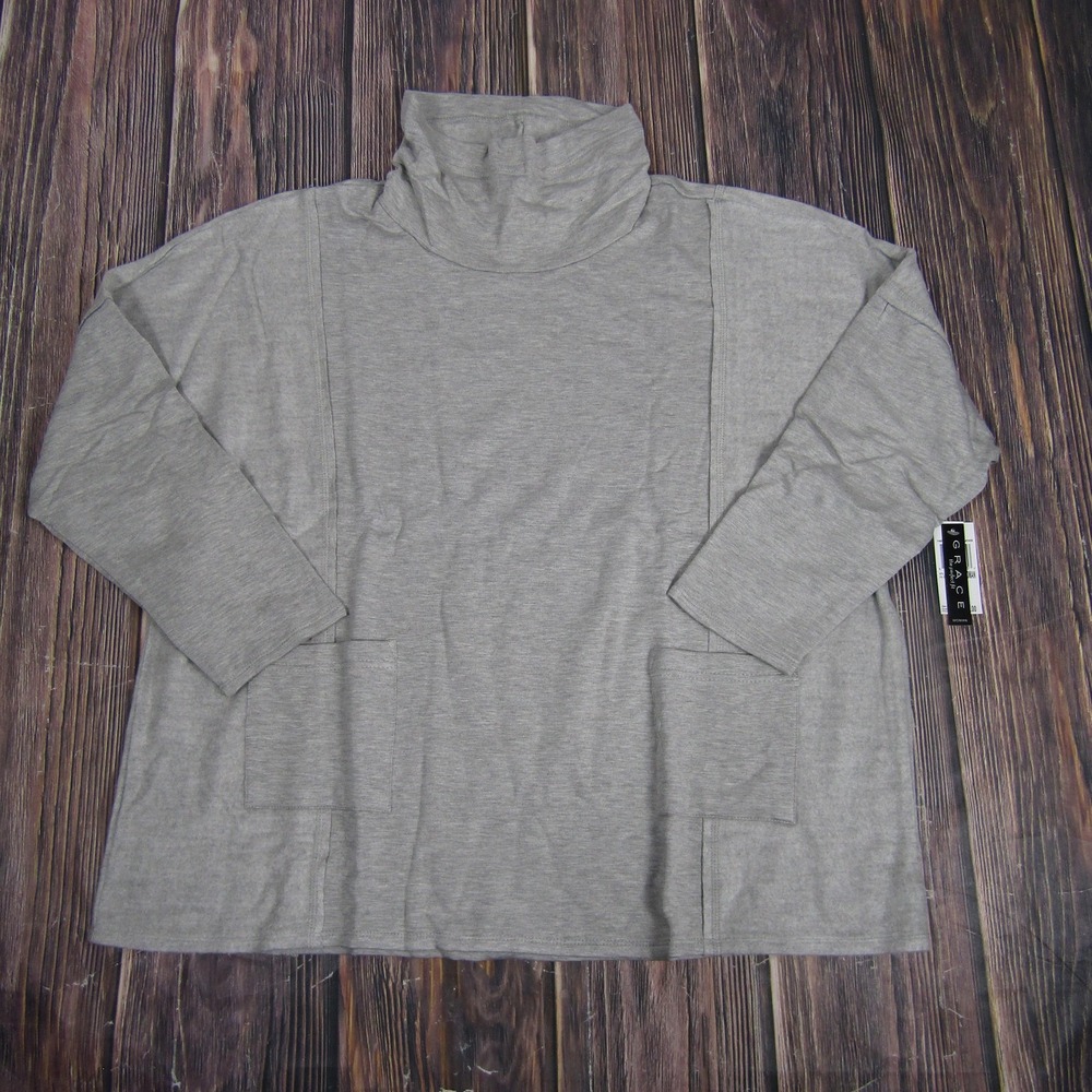 Grace the Perfect Fit Pullover Womens 1X Gray Cowl Neck‎ Tunic Pockets Plus Size